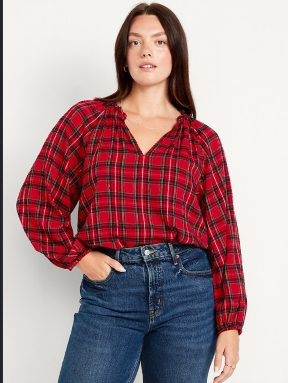 Old Navy Red Plaid Peasant Top